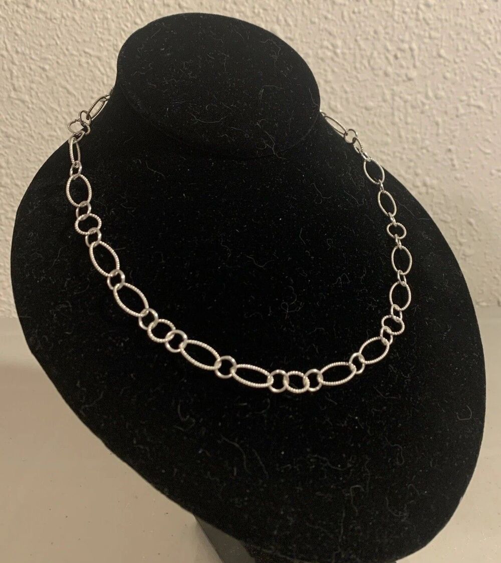 Vintage Sterling Silver Modern Textured Link Necklace Oval Round 17”